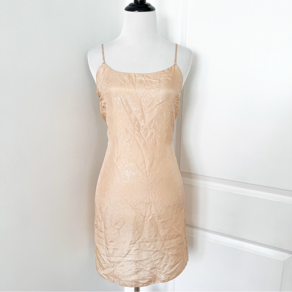 Rozae Nichols Tan with Gold Shimmer Silk Mini Dress - XS